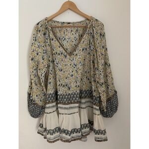Free People Gardenia Tunic Top Sz 6 Long Sleeve Mixed Print Metallic Detail Boho